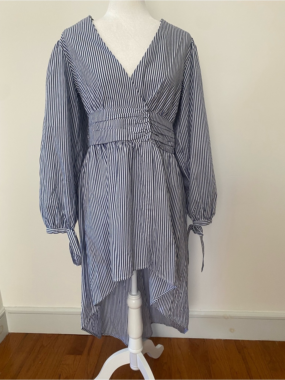 New York & Company NWT Striped High Low Puff Sleeve Midi Dress M
